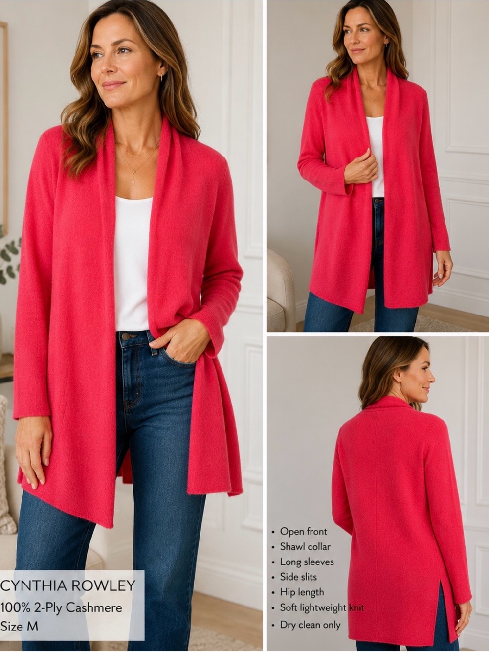 Cynthia Rowley 100% Cashmere Open Front Cardigan Sweater Size M Soft 2-Ply